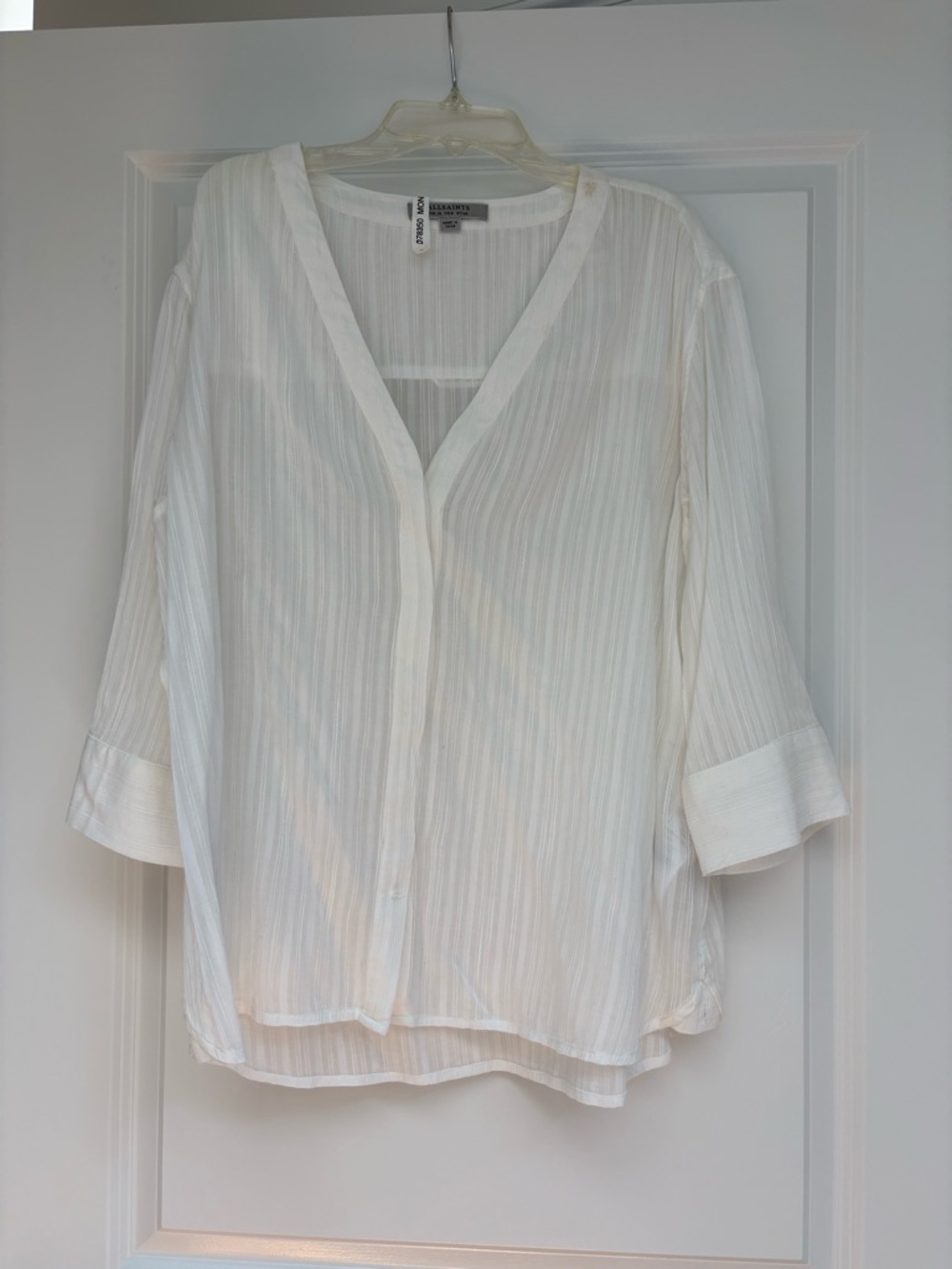 All Saints White Semi-Sheer V-Neck Button Front Blouse 100% Cotton
